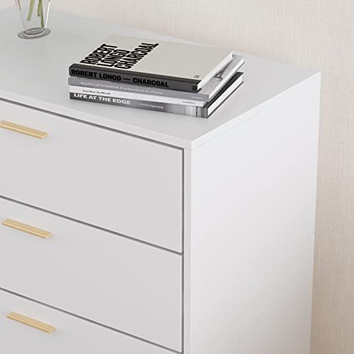 ECACAD Modern Dresser with 5 Drawers, Wood Dresser Storage Chest with Gold Metal Legs for Bedroom, Living Room, White (27.4”L x 15.6”W x 44.9”H)