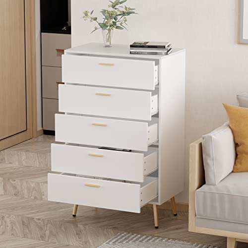 ECACAD Modern Dresser with 5 Drawers, Wood Dresser Storage Chest with Gold Metal Legs for Bedroom, Living Room, White (27.4”L x 15.6”W x 44.9”H)