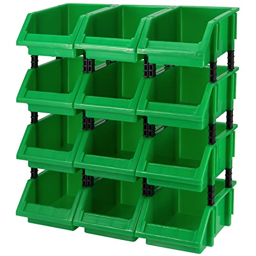 HOIGON 12 Pack Garage Storage Tool Bin, Green Plastic Hanging Stacking Stackable Organizer Storage Rack for Hardware Tools Organization, Workshop, Small Parts, 7.09 x 4.72 x 3.15 Inch