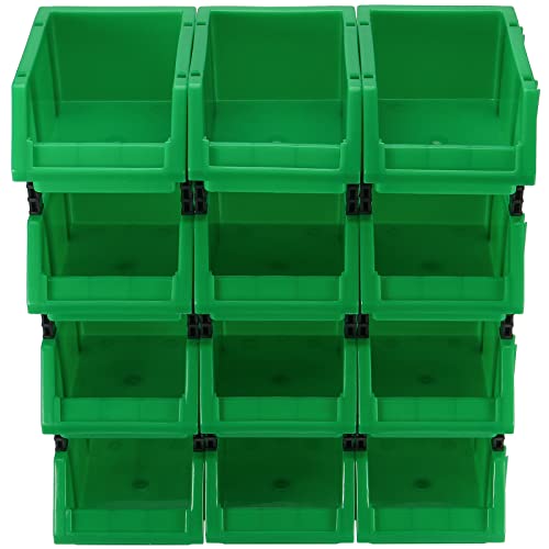 HOIGON 12 Pack Garage Storage Tool Bin, Green Plastic Hanging Stacking Stackable Organizer Storage Rack for Hardware Tools Organization, Workshop, Small Parts, 7.09 x 4.72 x 3.15 Inch