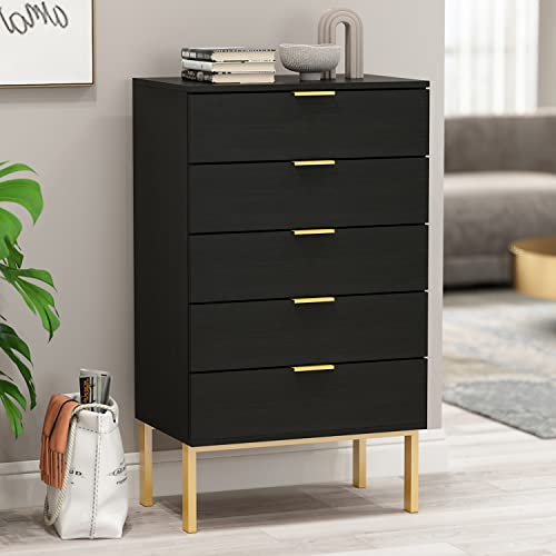 ECACAD Modern Dresser with 5 Drawers & Metal Legs, Wood Dresser Storage Chest for Bedroom, Living Room, Black (23.6”L x 15.7”W x 41.1”H)