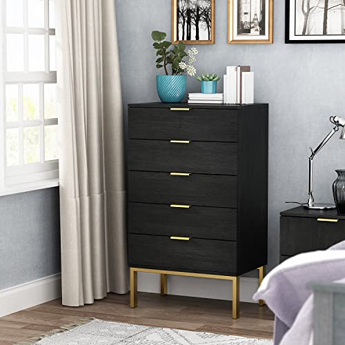 ECACAD Modern Dresser with 5 Drawers & Metal Legs, Wood Dresser Storage Chest for Bedroom, Living Room, Black (23.6”L x 15.7”W x 41.1”H)