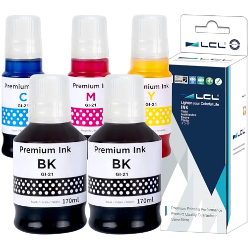 LCL Compatible Ink Bottle Replacement for Canon GI21 GI-21 GI-21PGBK GI-21BK GI-21C GI-21M GI-21Y PIXMA G3260 G2260 G1220 (2Black Pigment 170ML, CMY Dye 70ML, 5-Pack)