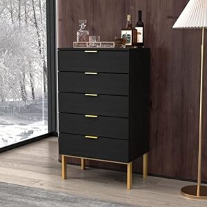 famapy chest of drawers 5-drawer dresser with straight gold metal legs, wood storage chest drawer organizer large storage for bedroom black (23.6”w x 15.7”d x 41.1”h)