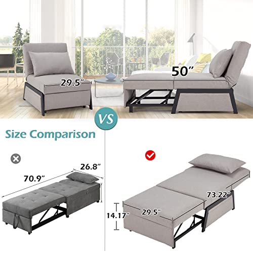 YODOLLA 4 in 1 Convertible Chair Bed, Pullout Small Sofa Bed Sleeper Sofa for Adult, Pop up Single Folding Bed, Chair, Chaise Lounge, Ottoman, Grey