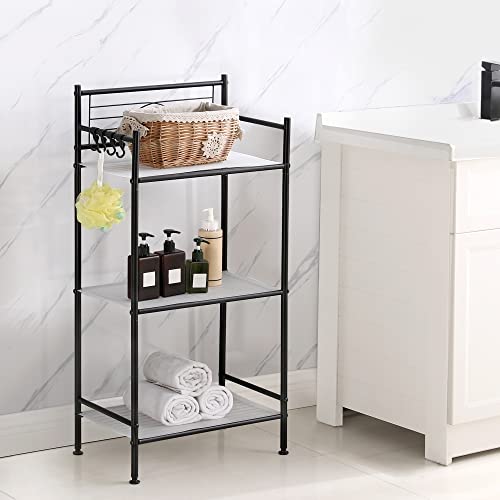 MallBoo 3-Tier Metal Freestanding Storage Shelf,Standing Bathroom Shelves with 3 x PP Shelf Liners and 4 x Hooks for Laundry Kitchen Office (Black)