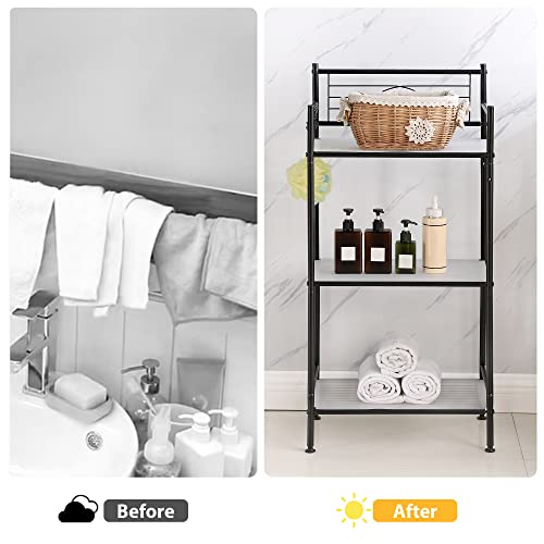 MallBoo 3-Tier Metal Freestanding Storage Shelf,Standing Bathroom Shelves with 3 x PP Shelf Liners and 4 x Hooks for Laundry Kitchen Office (Black)