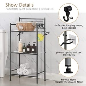 MallBoo 3-Tier Metal Freestanding Storage Shelf,Standing Bathroom Shelves with 3 x PP Shelf Liners and 4 x Hooks for Laundry Kitchen Office (Black)