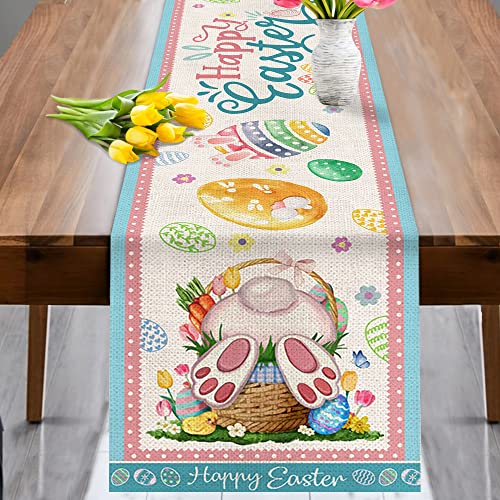 pinata Easter Table Runner, Happy Easter Table Runner 72 Inch, Burlap Bunny Dresser Scarves for Kitchen, Small Rabbits Egg Linen Table Cloth for Holiday, Seasonal Spring Table Decor for Dinning Room