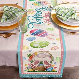 pinata Easter Table Runner, Happy Easter Table Runner 72 Inch, Burlap Bunny Dresser Scarves for Kitchen, Small Rabbits Egg Linen Table Cloth for Holiday, Seasonal Spring Table Decor for Dinning Room