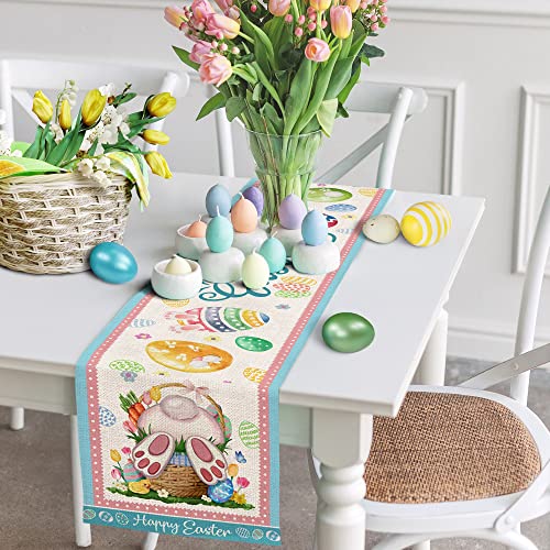 pinata Easter Table Runner, Happy Easter Table Runner 72 Inch, Burlap Bunny Dresser Scarves for Kitchen, Small Rabbits Egg Linen Table Cloth for Holiday, Seasonal Spring Table Decor for Dinning Room