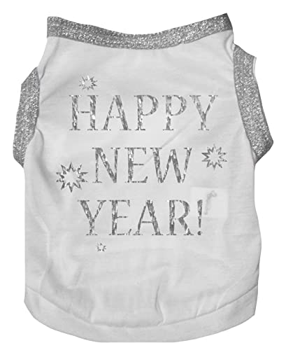 Petitebella Bling Happy New Year Puppy Dog Shirt (White/Sliver, Medium)