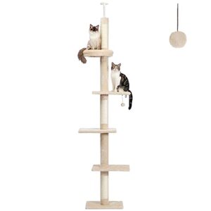 petepela cat tower 5-tier floor to ceiling cat tree height(95-107 inches) adjustable, tall, climbing tree featuring with scratching post, cozy bed,interactive ball toy for indoor cats/kitten beige