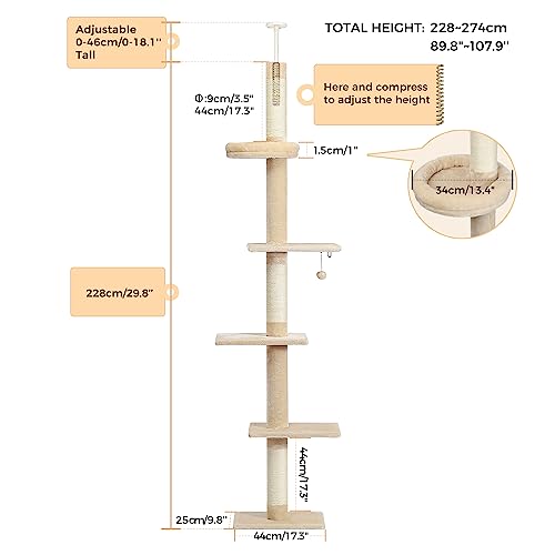 PETEPELA Cat Tower 5-Tier Floor to Ceiling Cat Tree Height(95-107 Inches) Adjustable, Tall, Climbing Tree Featuring with Scratching Post, Cozy Bed,Interactive Ball Toy for Indoor Cats/Kitten Beige