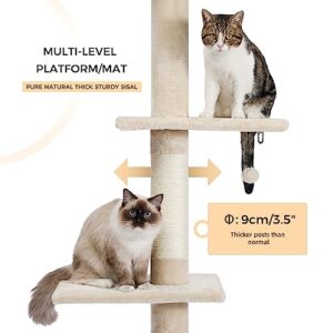 PETEPELA Cat Tower 5-Tier Floor to Ceiling Cat Tree Height(95-107 Inches) Adjustable, Tall, Climbing Tree Featuring with Scratching Post, Cozy Bed,Interactive Ball Toy for Indoor Cats/Kitten Beige