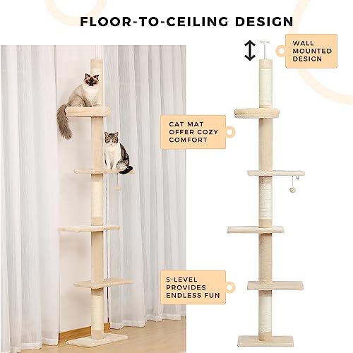 PETEPELA Cat Tower 5-Tier Floor to Ceiling Cat Tree Height(95-107 Inches) Adjustable, Tall, Climbing Tree Featuring with Scratching Post, Cozy Bed,Interactive Ball Toy for Indoor Cats/Kitten Beige