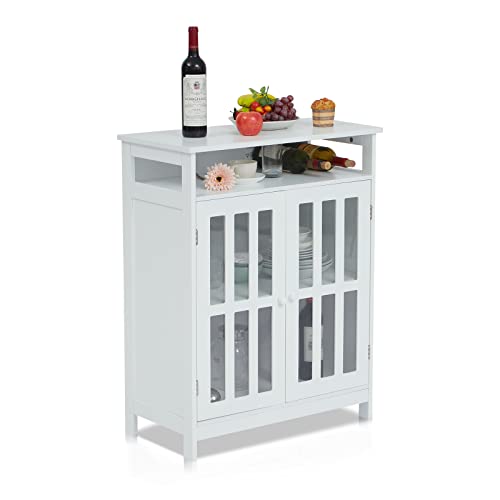 kinbor Buffet Cabinet - White Wood Sideboard, Storage Cabinet with Glass Doors, Kitchen Storage Cabinets with Open Shelf & Doors for Kitchen, Hallway, Living Room, Dining Room, Bathroom, White