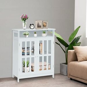kinbor Buffet Cabinet - White Wood Sideboard, Storage Cabinet with Glass Doors, Kitchen Storage Cabinets with Open Shelf & Doors for Kitchen, Hallway, Living Room, Dining Room, Bathroom, White
