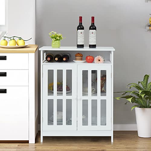 kinbor Buffet Cabinet - White Wood Sideboard, Storage Cabinet with Glass Doors, Kitchen Storage Cabinets with Open Shelf & Doors for Kitchen, Hallway, Living Room, Dining Room, Bathroom, White