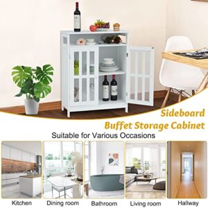 kinbor Buffet Cabinet - White Wood Sideboard, Storage Cabinet with Glass Doors, Kitchen Storage Cabinets with Open Shelf & Doors for Kitchen, Hallway, Living Room, Dining Room, Bathroom, White