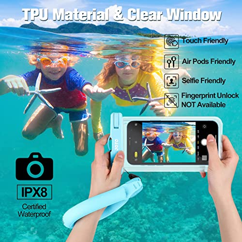 JOTO 1 Universal Waterproof Pouch + 1 Floating Wrist Strap for Camera iPhone 14 Plus 14 Pro Max iPhone 13 Pro Max Mini 12 11 Pro Max Xs Max XR X 8 7 6S Plus SE Galaxy S20 Ultra S10 up to 7" –Blue