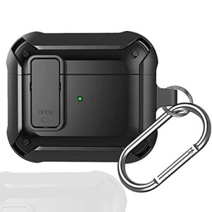 miimall compatible for airpods 3 case cover with secure lock keychain carabiner, hard tpu anti-scratch shockproof protective case for airpods 3rd generation 2021 (black)