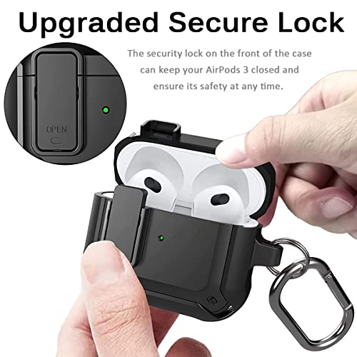 Miimall Compatible for AirPods 3 Case Cover with Secure Lock Keychain Carabiner, Hard TPU Anti-Scratch Shockproof Protective Case for AirPods 3rd Generation 2021 (Black)