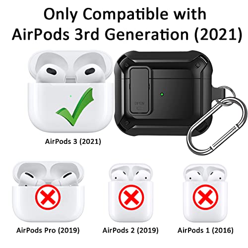 Miimall Compatible for AirPods 3 Case Cover with Secure Lock Keychain Carabiner, Hard TPU Anti-Scratch Shockproof Protective Case for AirPods 3rd Generation 2021 (Black)