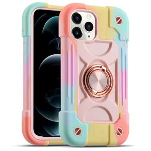 markill compatible with iphone 12/12 pro case 6.1 inch with 360 degree rotate ring stand, military grade drop protection rugged heavy duty case 3 in 1 protective durable cover (rainbow pink)