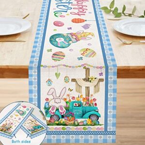 easter table runner, happy easter runner, easter bunny eggs and gnomes blue truck with tulip flowers table runners 72 inches long, blue buffalo plaid small coffee table cloth for home dining room
