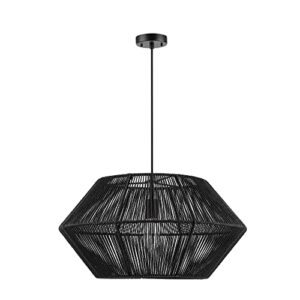 globe electric 65470 1-light chandelier, matte black natural twine, mate black canopy and socket, designer black cloth hanging cord. adjustable height, home decor lighting, hygge, bulb not included