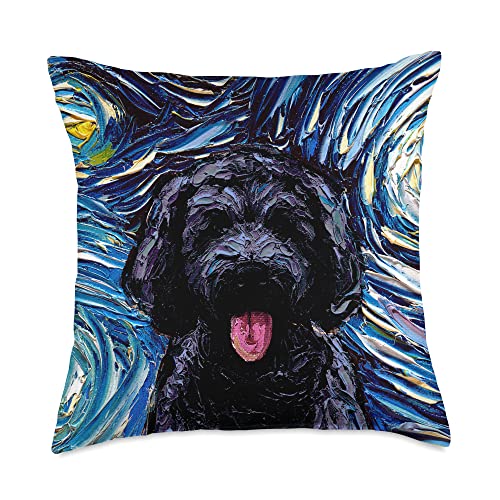 Sagittarius Gallery Black Goldendoodle Labradoodle Starry Night Dog Portrait Aja Throw Pillow, 18x18, Multicolor