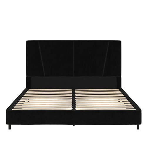 REALROOMS Maverick Velvet Upholstered Platform Bed with Tufted Headboard, Queen, Black