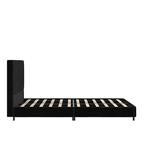 REALROOMS Maverick Velvet Upholstered Platform Bed with Tufted Headboard, Queen, Black