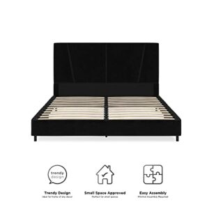 REALROOMS Maverick Velvet Upholstered Platform Bed with Tufted Headboard, Queen, Black