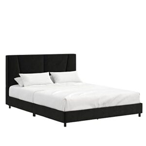 REALROOMS Maverick Velvet Upholstered Platform Bed with Tufted Headboard, Queen, Black