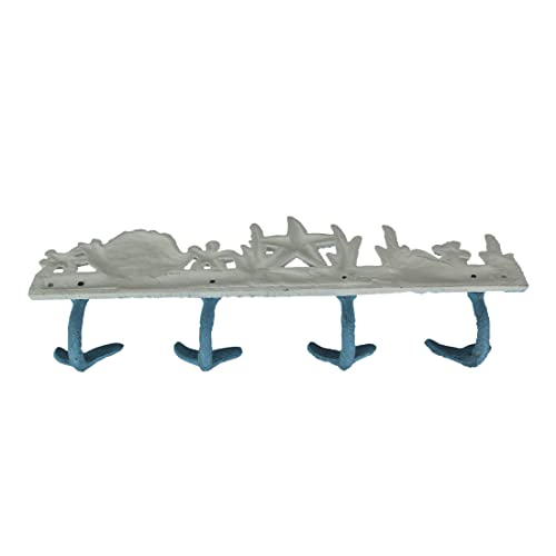 Zeckos Blue and White Cast Iron Whale Tail Decorative Wall Hook Nautical Décor Sea Life Hanging Rack -15.5 Inches Long - Easy Install - Add Coastal Charm to Your Space