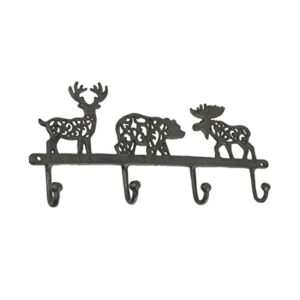 zeckos wilderness charm - rustic brown cast iron moose, bear, and deer wall mounted hook rack - cabin or lodge decor accent - 13.75 inches long - easy installation