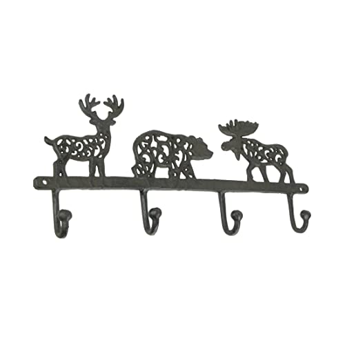 Zeckos Wilderness Charm - Rustic Brown Cast Iron Moose, Bear, and Deer Wall Mounted Hook Rack - Cabin or Lodge Decor Accent - 13.75 Inches Long - Easy Installation