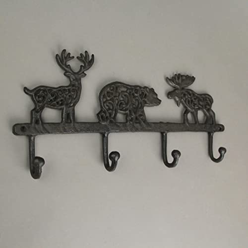 Zeckos Wilderness Charm - Rustic Brown Cast Iron Moose, Bear, and Deer Wall Mounted Hook Rack - Cabin or Lodge Decor Accent - 13.75 Inches Long - Easy Installation