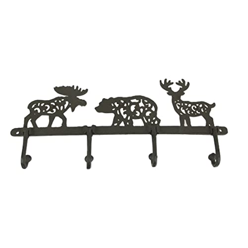 Zeckos Wilderness Charm - Rustic Brown Cast Iron Moose, Bear, and Deer Wall Mounted Hook Rack - Cabin or Lodge Decor Accent - 13.75 Inches Long - Easy Installation