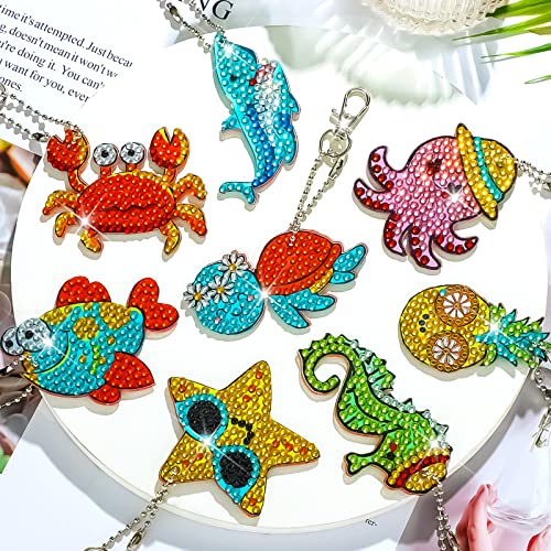 8 Pcs Diamond Art Keychains Diamond Painting Keychains Kids Arts and Crafts 5D Diamond Painting Kits Gem Art Diamond Keychains for Boys Girls Ages 8-12 DIY Gift Birthday Party Favors (Ocean Style)