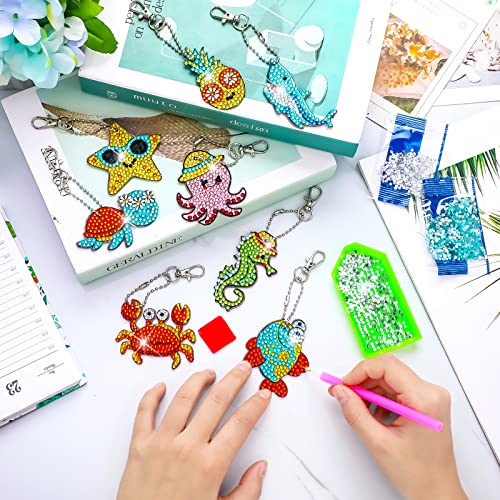 8 Pcs Diamond Art Keychains Diamond Painting Keychains Kids Arts and Crafts 5D Diamond Painting Kits Gem Art Diamond Keychains for Boys Girls Ages 8-12 DIY Gift Birthday Party Favors (Ocean Style)