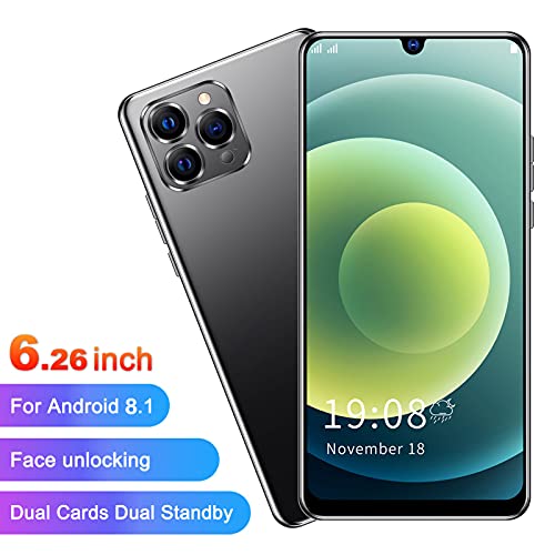 ip12 Pro MAX Unlocked Smartphone for Android 8.1, 6.26in 1+8GB HD Screen Cell Phone Dual Card Dual Standby Smart Phone,Face ID Recognition,2MP+2MP,128GB of Expandable Storage Mobile Phone(Black)