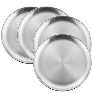 haware 4-piece 18/8 stainless steel plates, metal 304 dinner dishes for kids toddlers children, 10 inches feeding serving camping plates, reusable and dishwasher safe