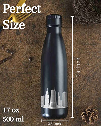 Chicago City Skyline Gifts, Chicago Gifts for Chicago Lovers, Skyline Map 17oz/500ml Stainless Steel Insulated Water Bottle, Perfect for Birthday & Christmas