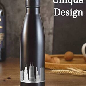 Chicago City Skyline Gifts, Chicago Gifts for Chicago Lovers, Skyline Map 17oz/500ml Stainless Steel Insulated Water Bottle, Perfect for Birthday & Christmas