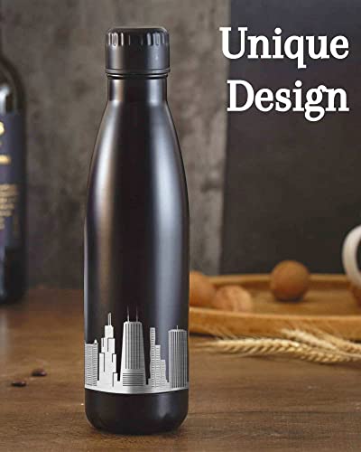 Chicago City Skyline Gifts, Chicago Gifts for Chicago Lovers, Skyline Map 17oz/500ml Stainless Steel Insulated Water Bottle, Perfect for Birthday & Christmas