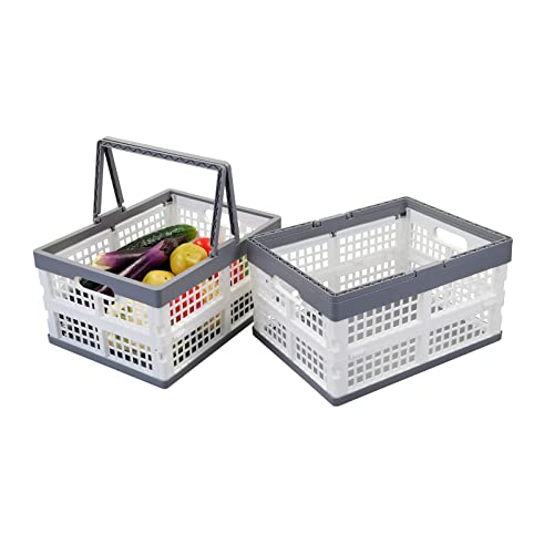 Wekioger 16 Quart Plastic Collapsible Crate with Handle, Folding Shopping Storage Basket, 2 Packs