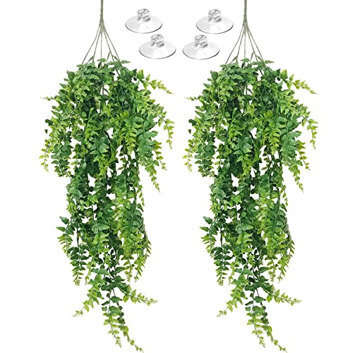 Allazone 2 Pack Reptile Plants Hanging Fake Vines, Artificial Leaves Climbing Terrarium Plant with Suction Cup for Bearded Dragons Lizards Geckos Snake Pets Hermit Crab and Tank Habitat Decorations